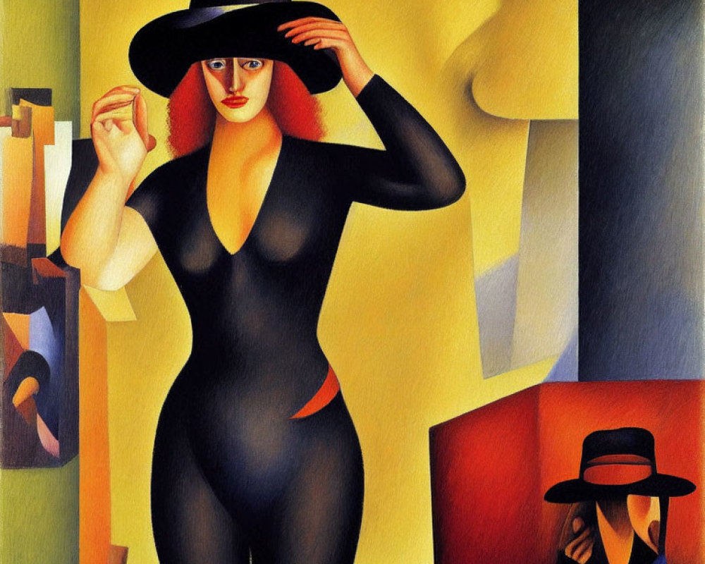 Vibrant cubist portrait of a woman in black suit and hat with second figure in background.