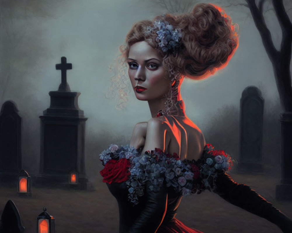 Gothic woman with flamboyant hair in misty graveyard under full moon