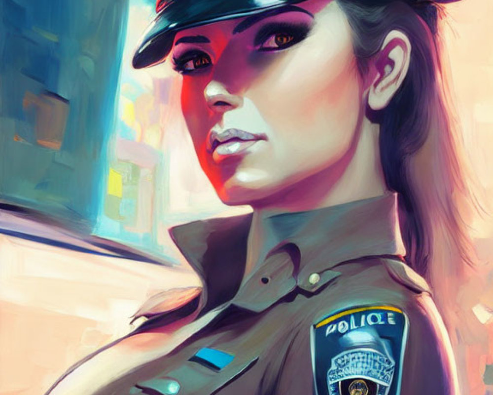 Vibrant digital artwork: Woman in stylized police uniform