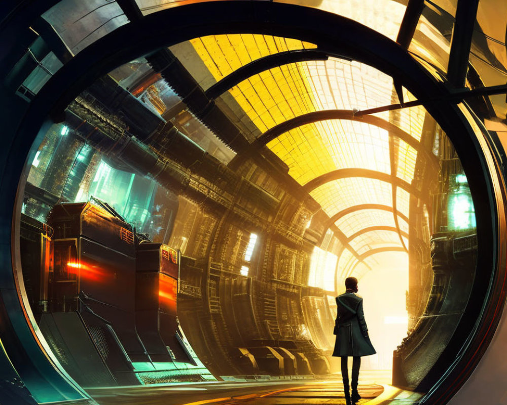 Futuristic circular doorway overlooking illuminated sci-fi corridor