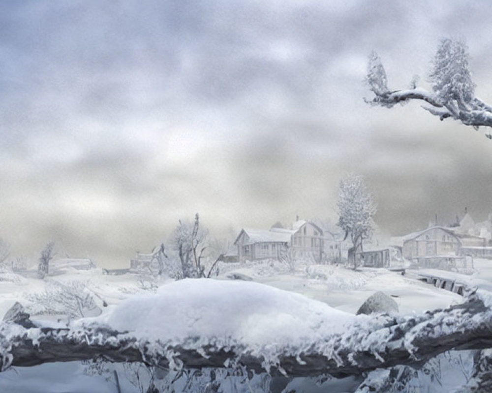 Snowy landscape with snow-covered houses and trees under cloudy sky.