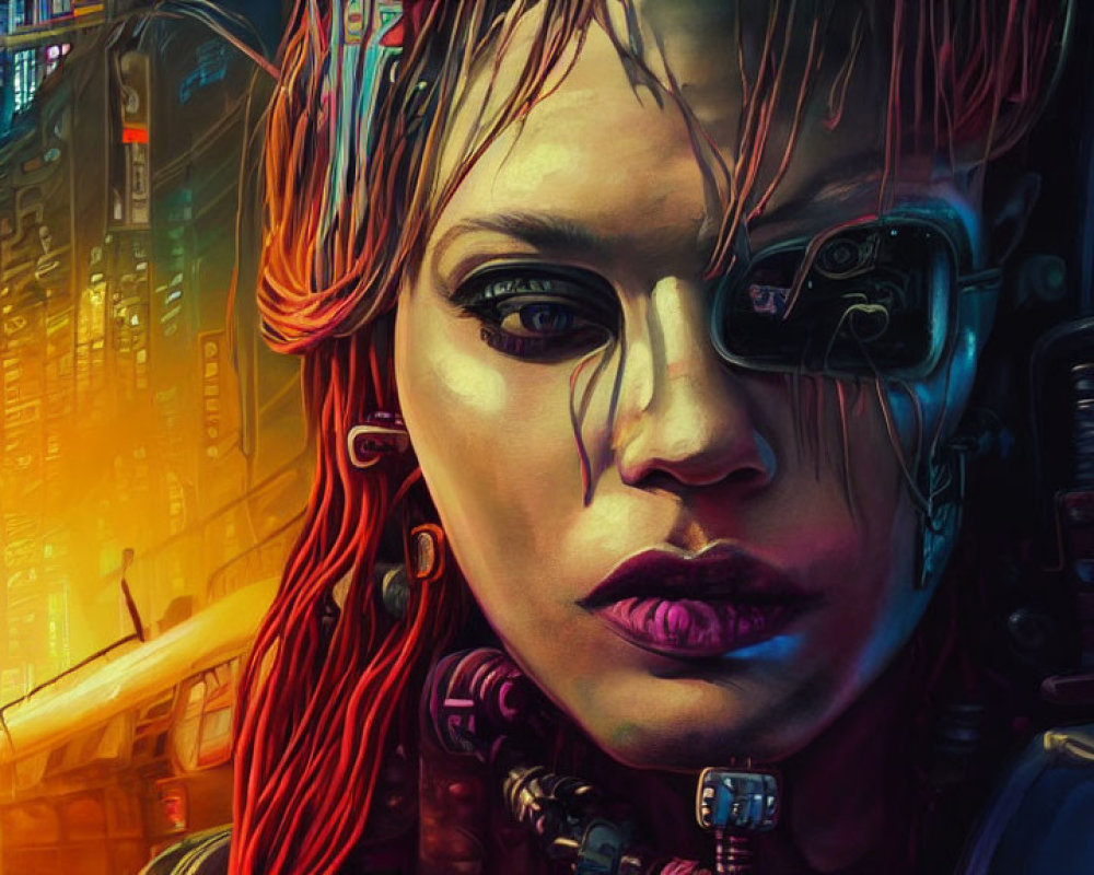 Futuristic cyberpunk portrait of red-haired woman with eyepiece