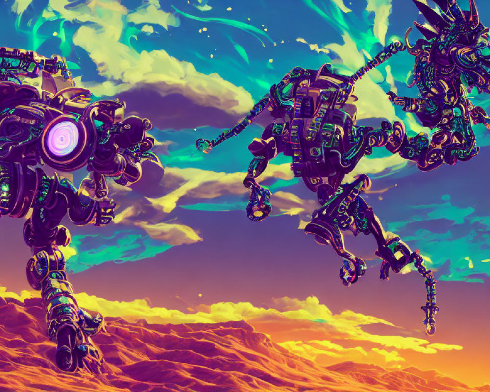 Intricately designed mechanical robots in vibrant alien desert landscape