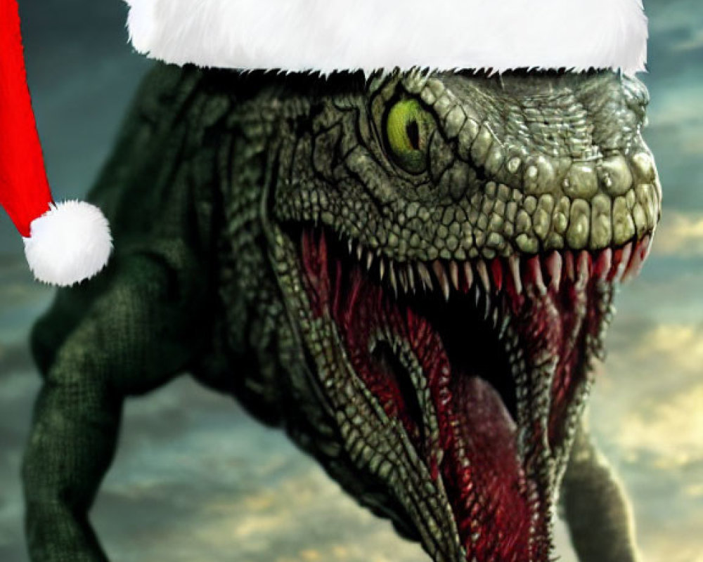 Dinosaur with sharp teeth in Santa hat under stormy sky