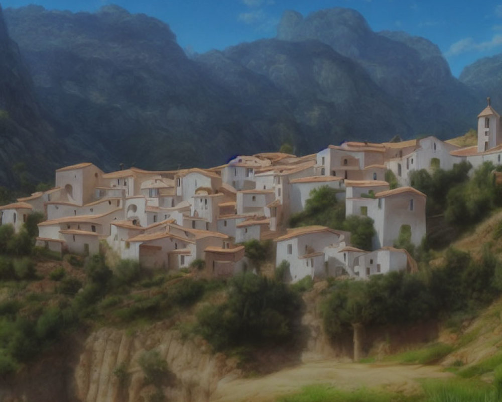 Scenic village with white buildings, rolling hills, and mountain backdrop