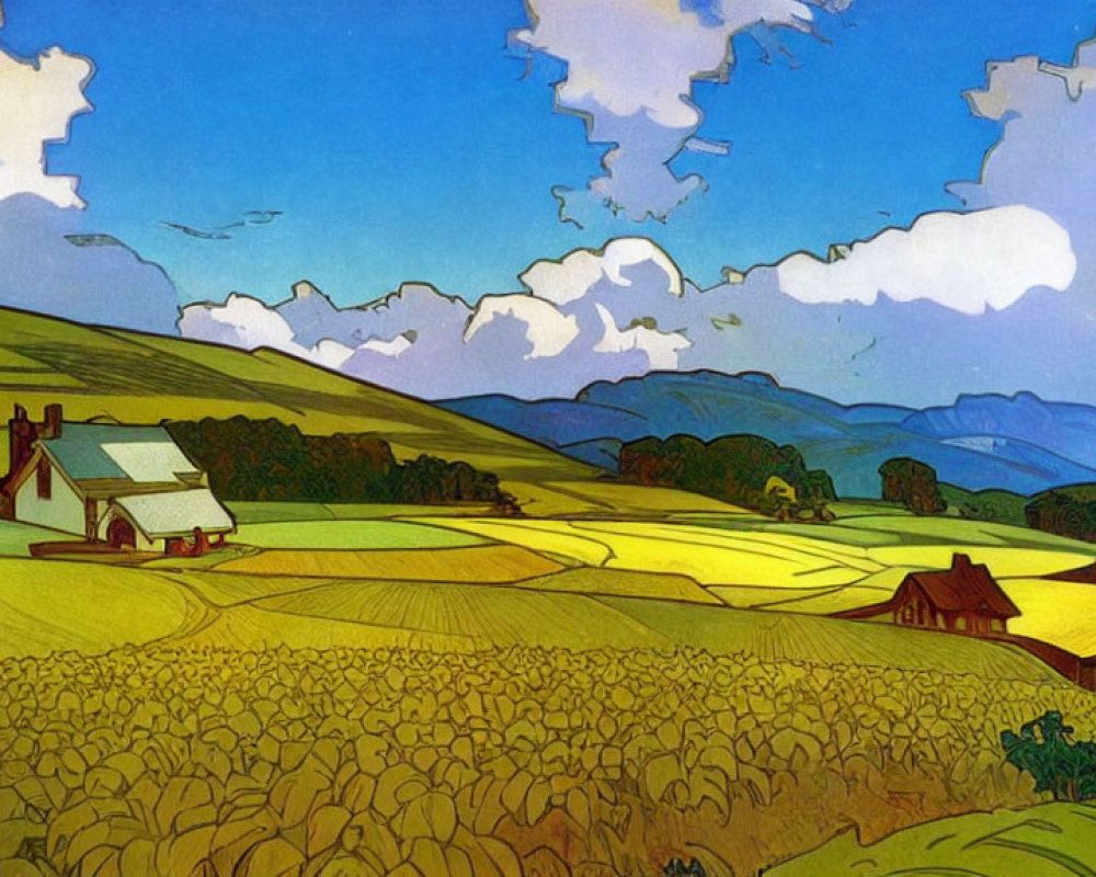 Stylized rural landscape with rolling hills and farmhouses