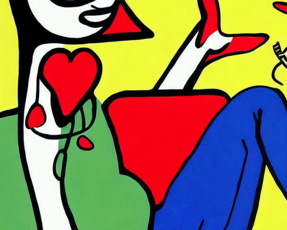 Abstract art style image: Stylized figure with glasses holding a red heart, seated crossed-legged