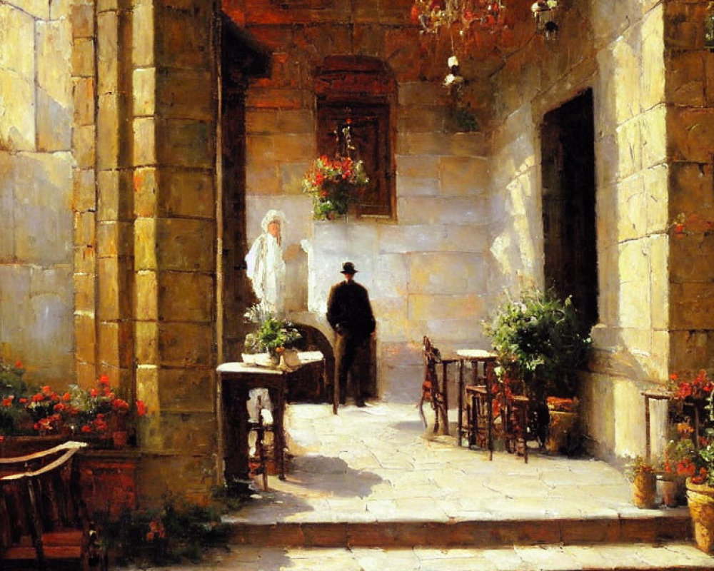 Sunlit courtyard painting with stone walls, figures, and arched doorway