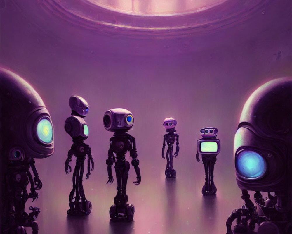 Group of stylized robots under soft purple light: Futuristic illustration