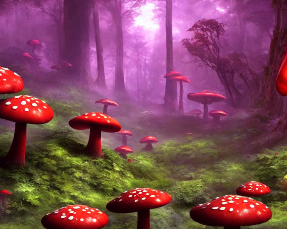 Vibrant red mushrooms in mystical forest with purple fog and pink light