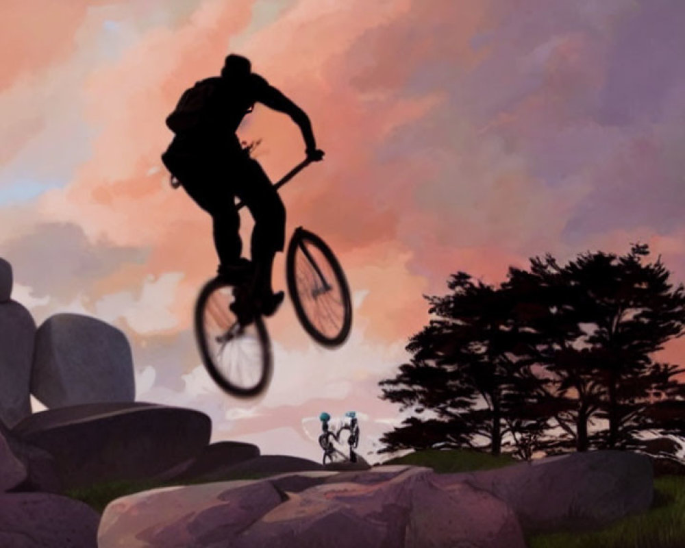 Silhouetted cyclist jumping at dusk with onlookers in nature