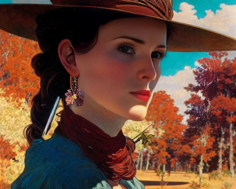 Woman in wide-brimmed hat and blue top stands by autumn trees