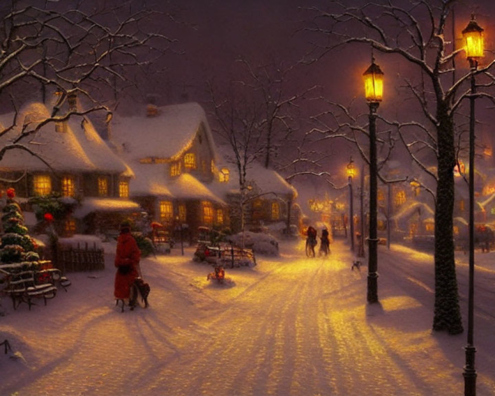 Snowy Evening Village Scene with People Walking Along Lamp-lit Path