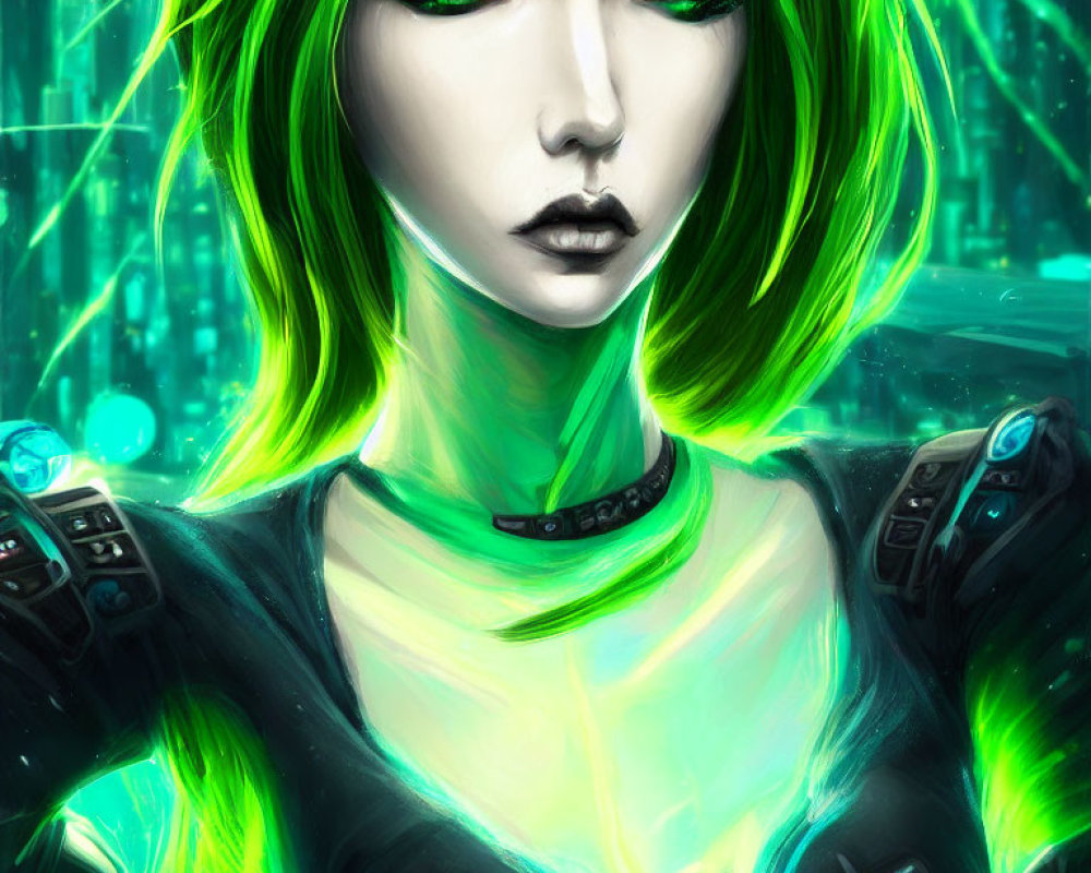 Digital artwork: Female figure with green hair in futuristic attire, set in neon cityscape