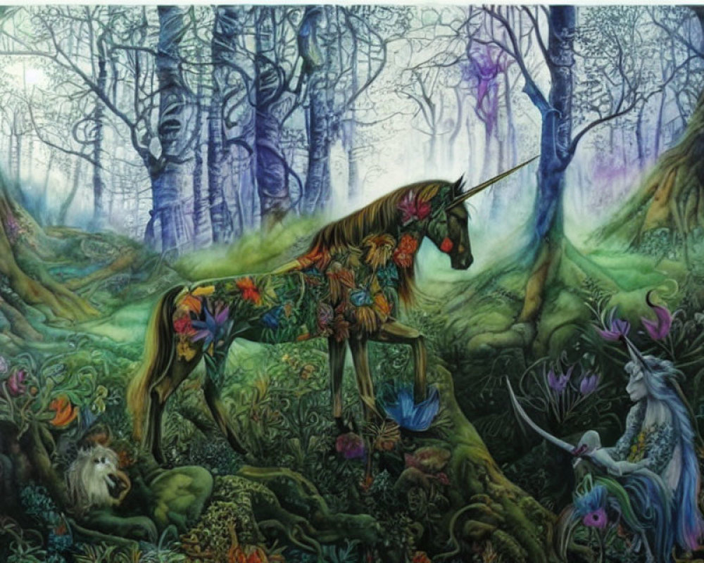 Colorful Floral Unicorn Painting in Enchanted Forest with Fairies and Lion