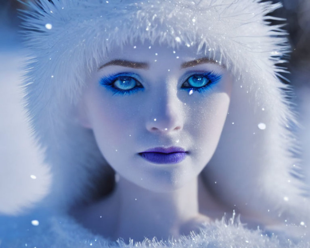 Person with Striking Blue Eyes in White Furry Outfit in Snowy Setting