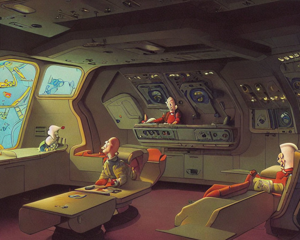 Retro-futuristic spacecraft control room with characters and complex consoles