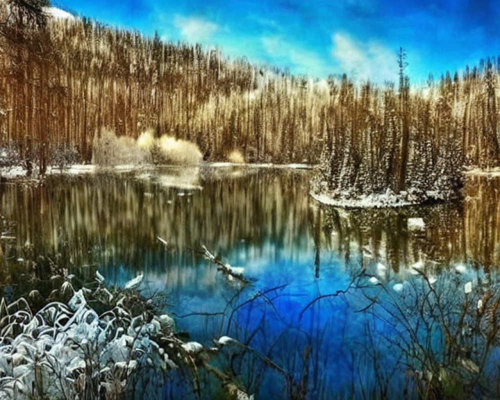 Snow-covered trees and reflective lake in serene winter landscape