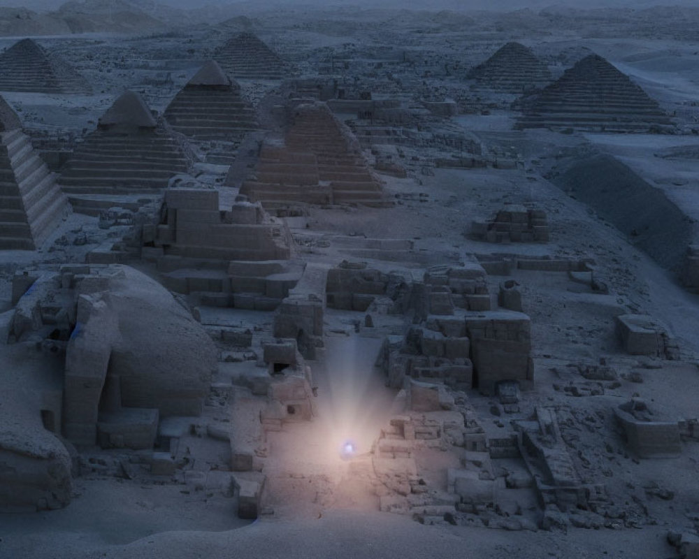 Ancient Egyptian temple entrance and pyramids at night