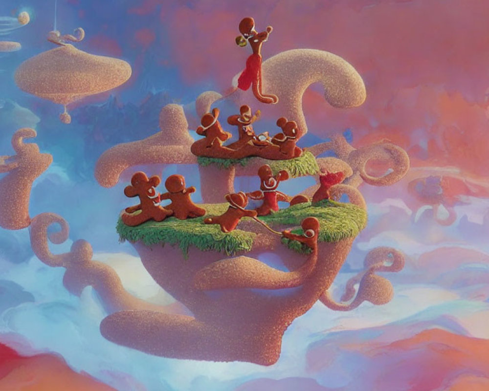 Surreal landscape featuring floating islands connected by gingerbread men on winding paths under a dreamy sky