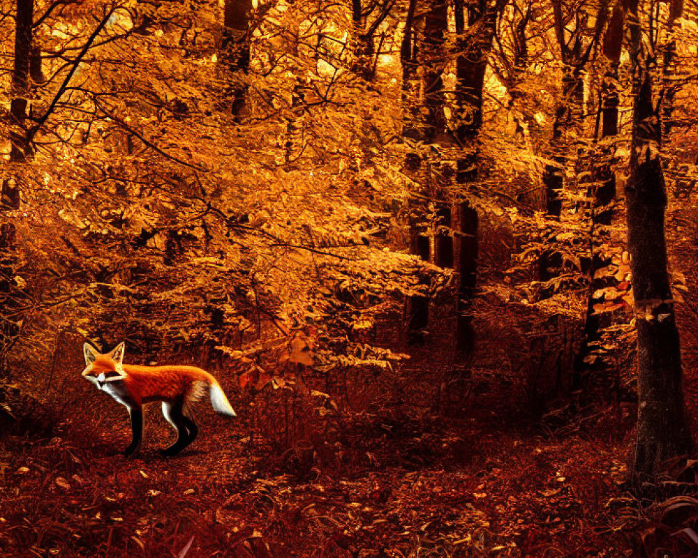 Red Fox in Autumnal Forest with Golden Leaves