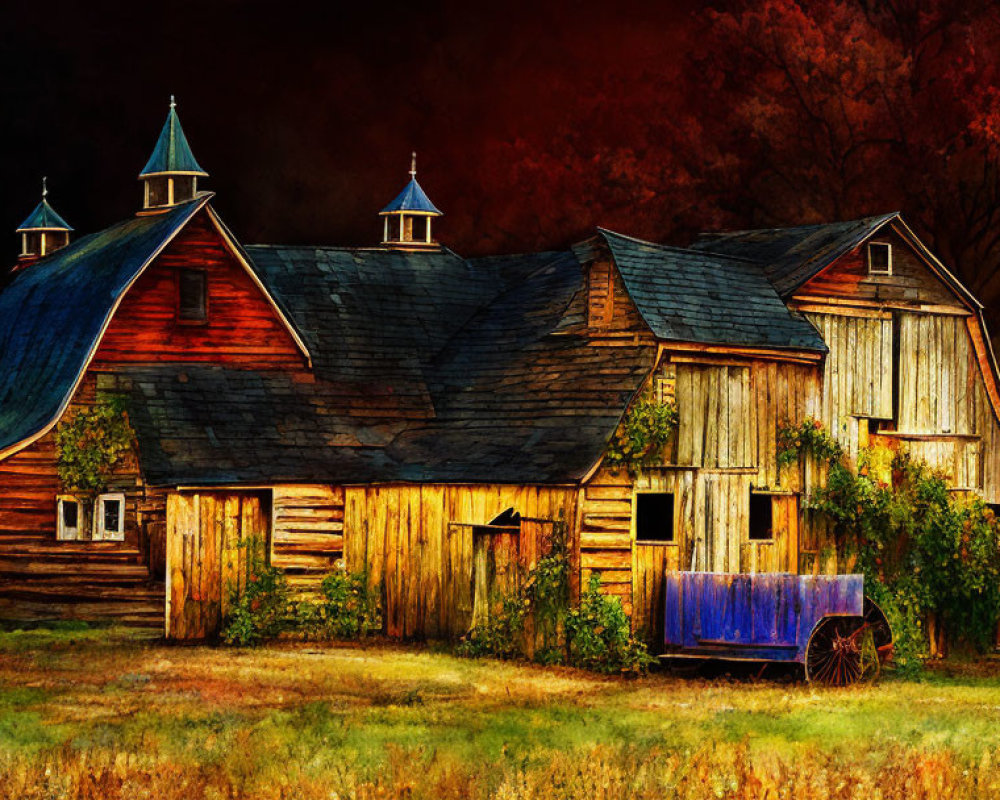 Rustic barn with red panels in autumn setting with blue cart