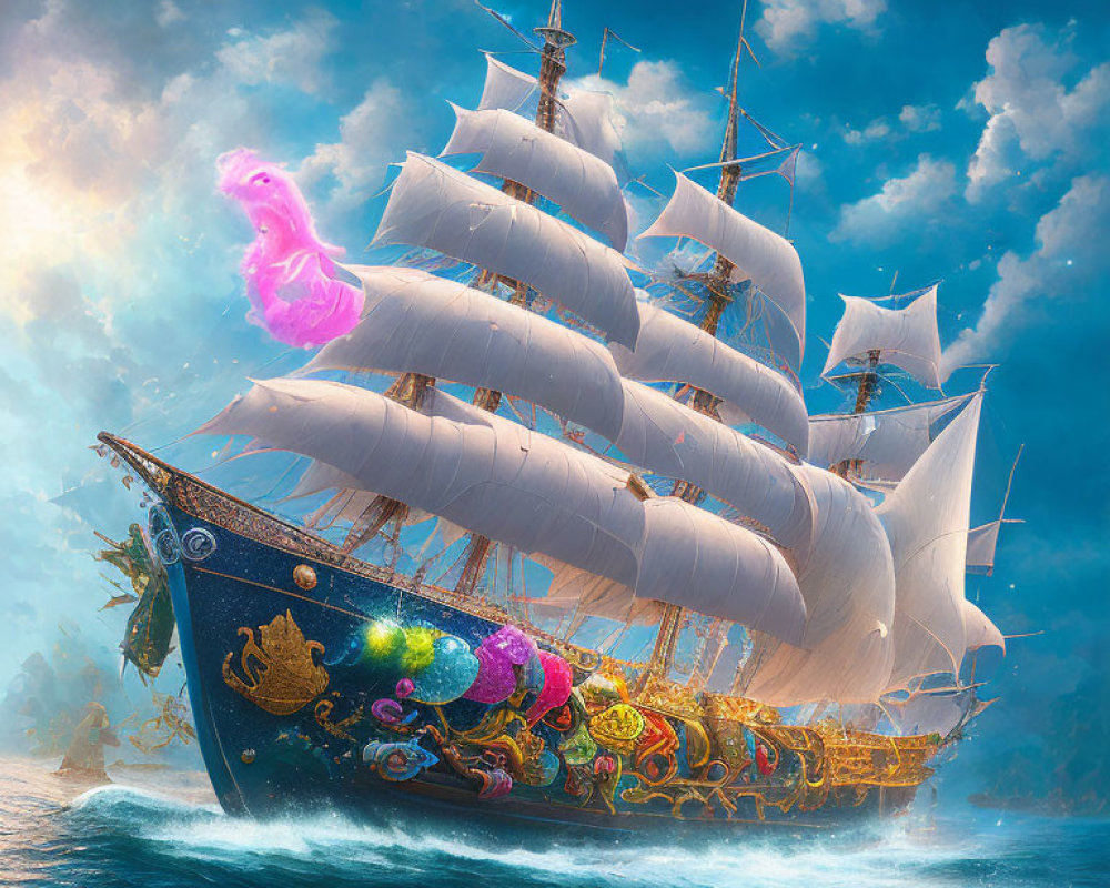 Fantasy-style tall ship sailing on the sea with colorful hull