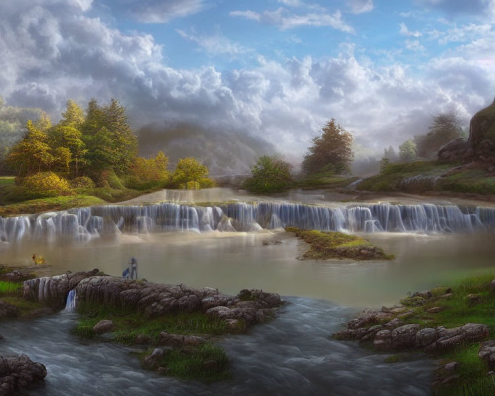 Tranquil landscape with small waterfalls, river, greenery, autumn trees, cloudy sky