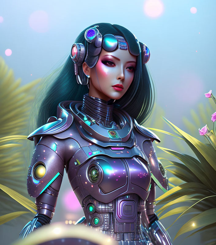 Futuristic female figure in sci-fi armor suit against plant-themed backdrop