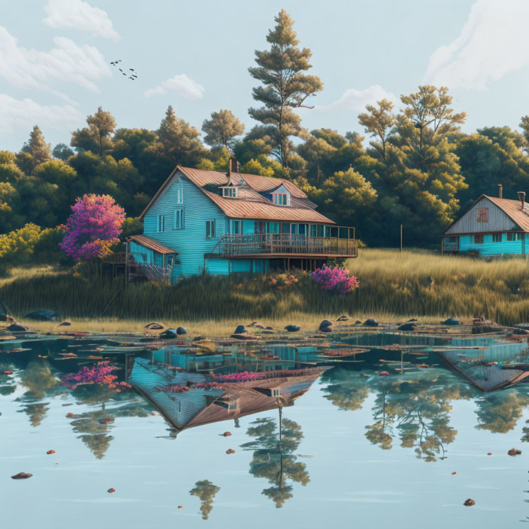 Peaceful lakeside scene with two houses, lush greenery, colorful blooms, calm water reflection,