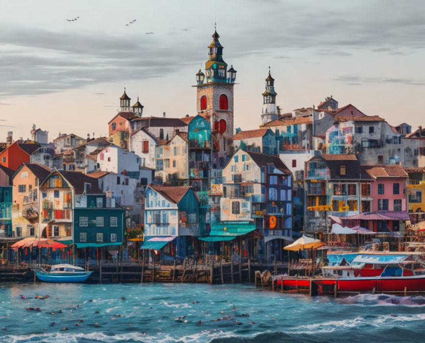 Vibrant waterfront buildings by choppy sea under warm sky