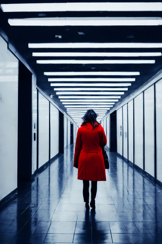 Person in Red Coat Walking in Modern Hallway with Bright Lights