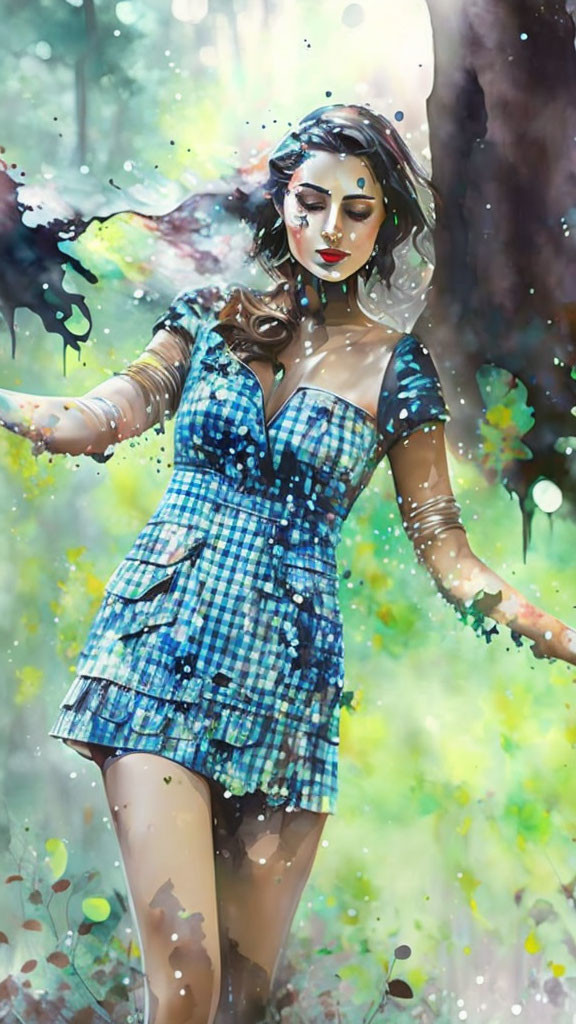 Whimsical woman in blue checkered dress in colorful forest art