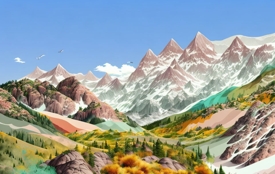 Scenic mountain landscape with snowy peaks and birds