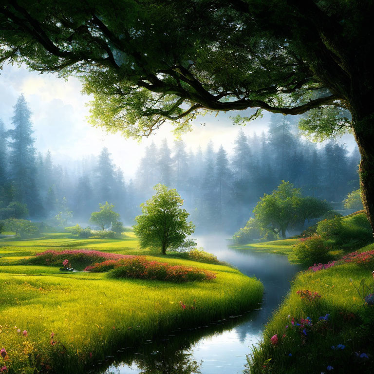 Tranquil landscape with stream, greenery, flowers, and foggy forest.