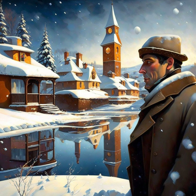 Man in winter coat gazes at snowy village with clock tower in twilight scene