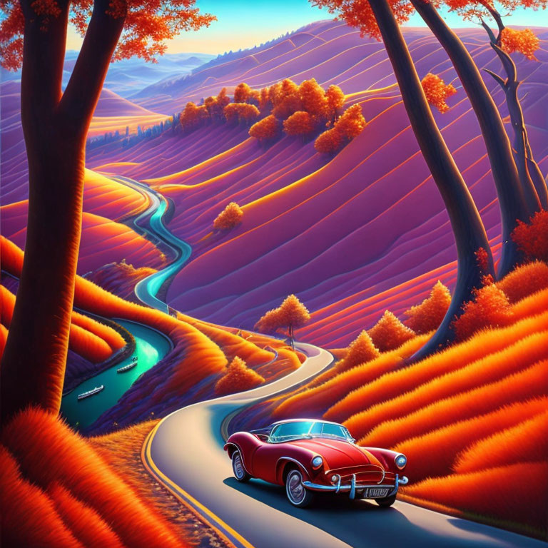 Colorful vintage car driving through autumn landscape