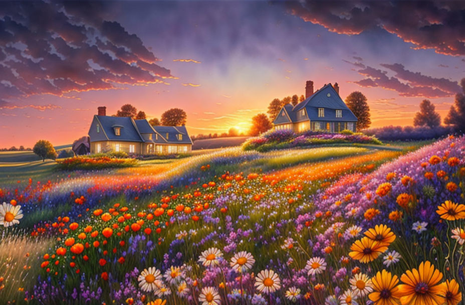 Colorful floral countryside at sunset with cottages and rolling hills