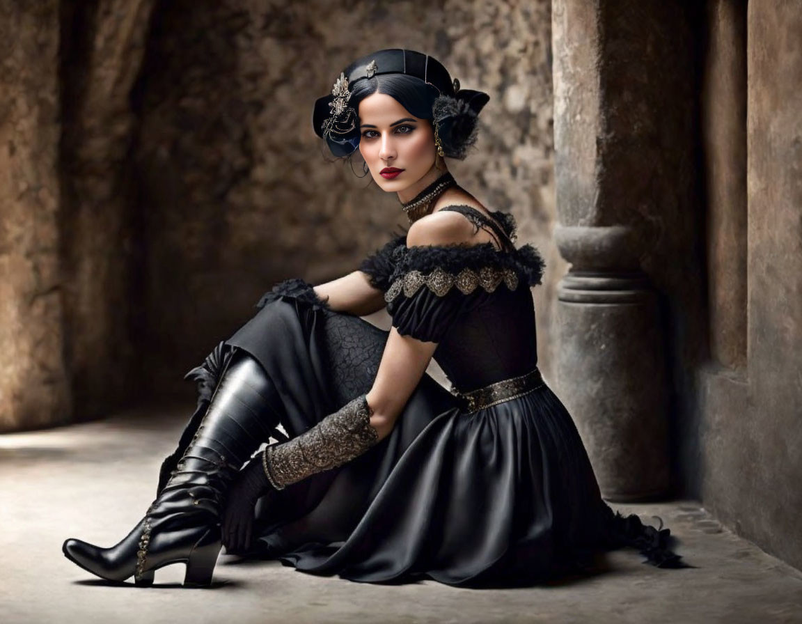 Gothic woman in black dress and headpiece against stone wall