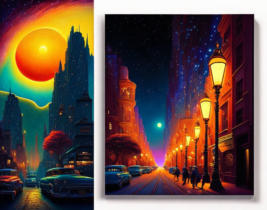 Colorful artwork of a fantastical city street at dusk with vintage cars, pedestrians, and oversized celestial