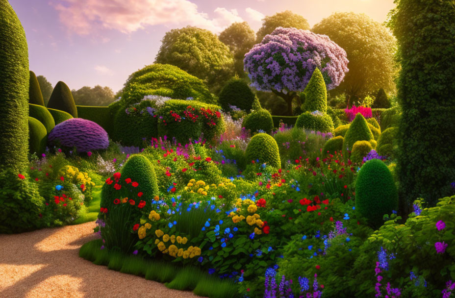 Lush Green Topiary and Colorful Flowers in Sunlit Garden