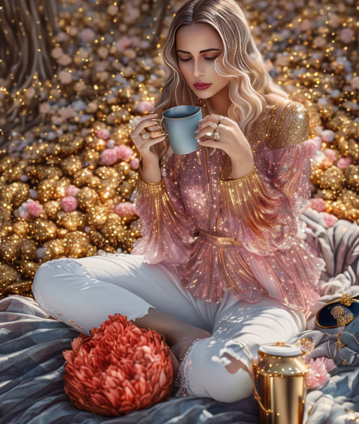 Woman in Pink Blouse Sitting Among Flowers with Teapot and Cup