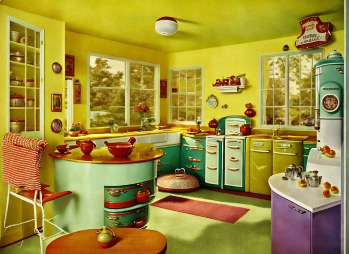 Vintage Kitchen with Yellow Walls, Apple-Green Cabinets, Turquoise Fridge, Red Accents &