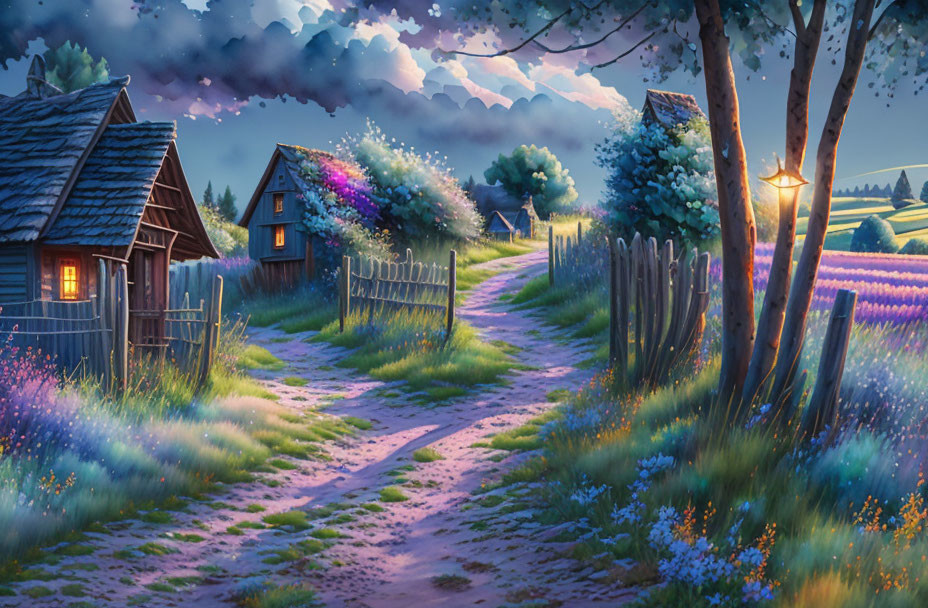 Twilight landscape with charming houses and colorful flowers