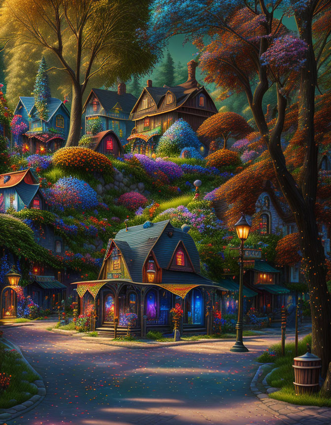 Charming village street at dusk with vibrant gardens and whimsical cottages