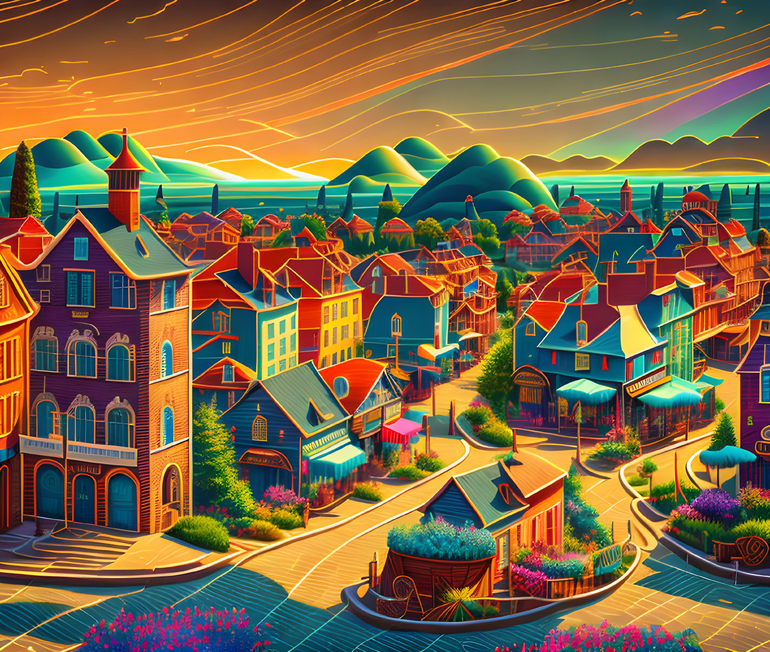 Illustration of colorful town under sunset sky