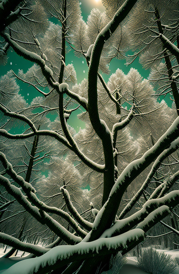 Winter scene: Snow-covered trees under starry sky