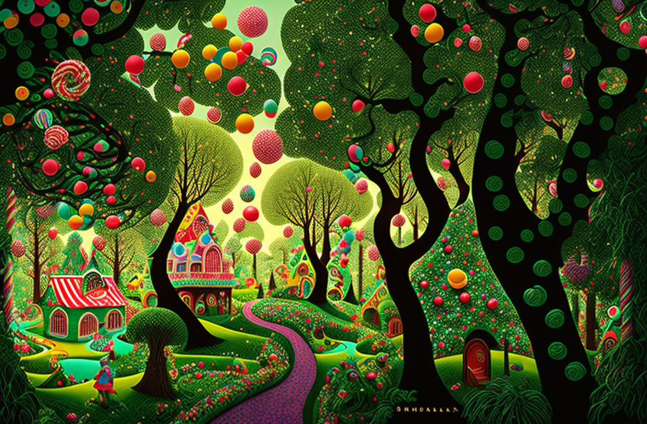 Vibrant, whimsical forest with colorful trees, houses, and winding path in a magical scene