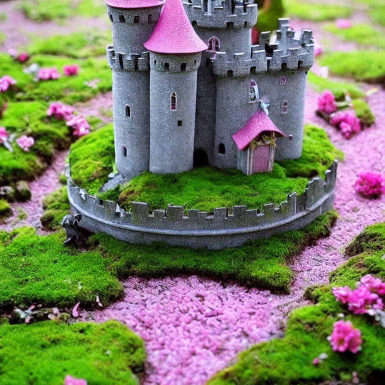 Miniature stone castle with pink roofs in mossy garden with pink flowers