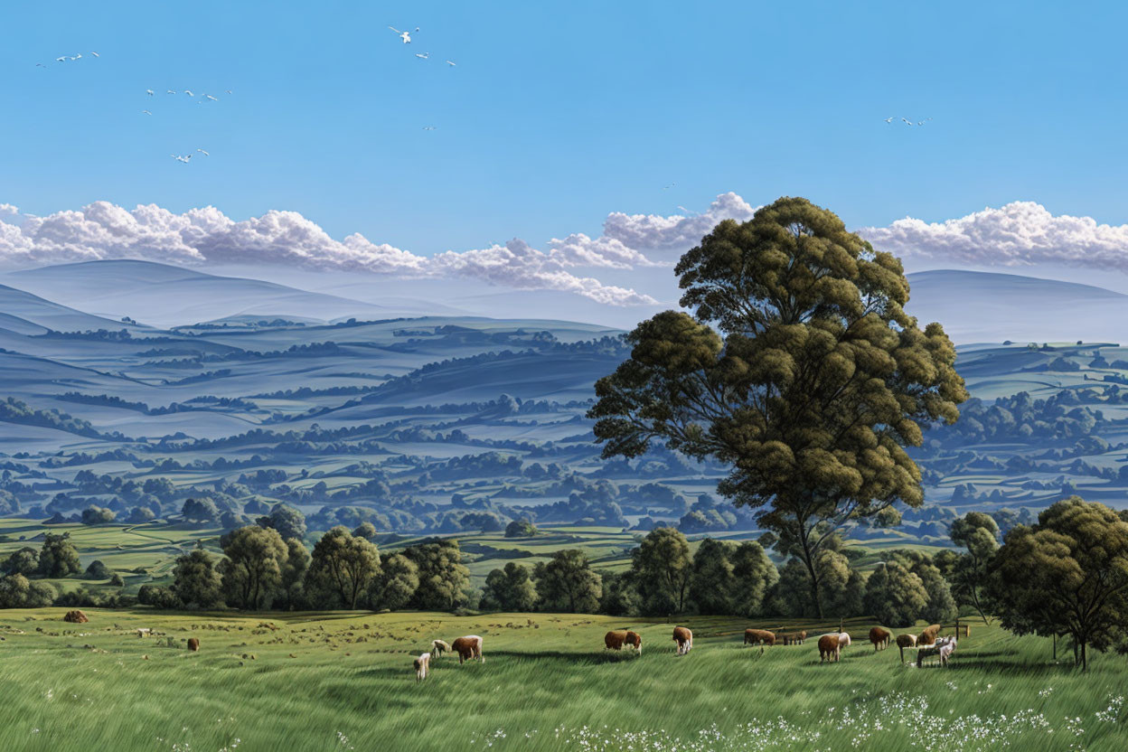 Tranquil landscape with grazing cattle, tree, hills, and clear sky